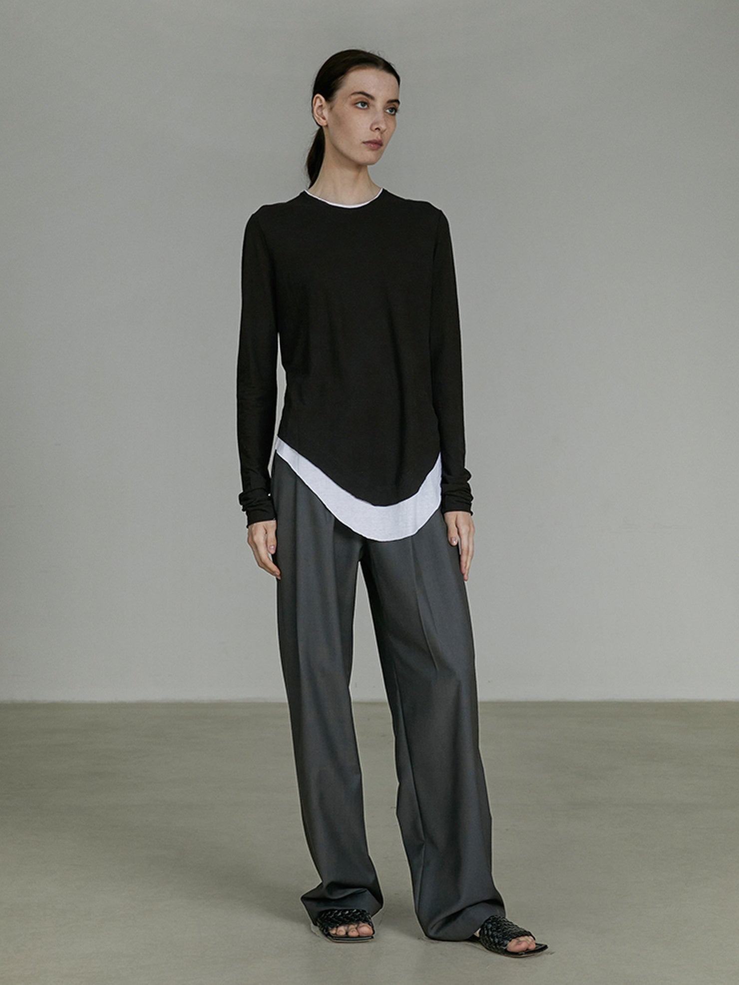 UNSPOKEN Minimalist Belted Natural Waist Wide Leg Office Dark Gray Pants