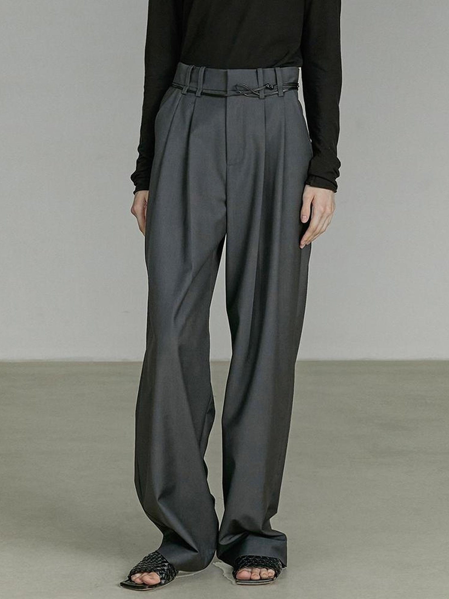 UNSPOKEN Minimalist Belted Natural Waist Wide Leg Office Dark Gray Pants
