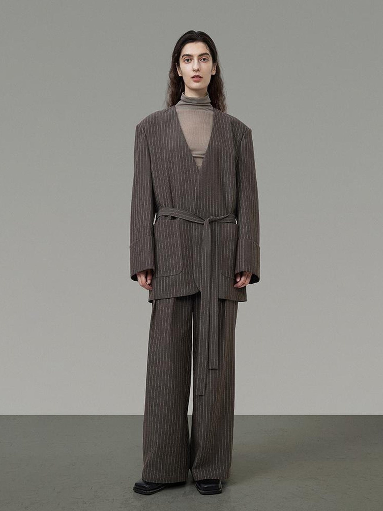 UNSPOKEN Minimalist Two Piece Brown Tailored V Neck Long Sleeve Women Polyester Blazer