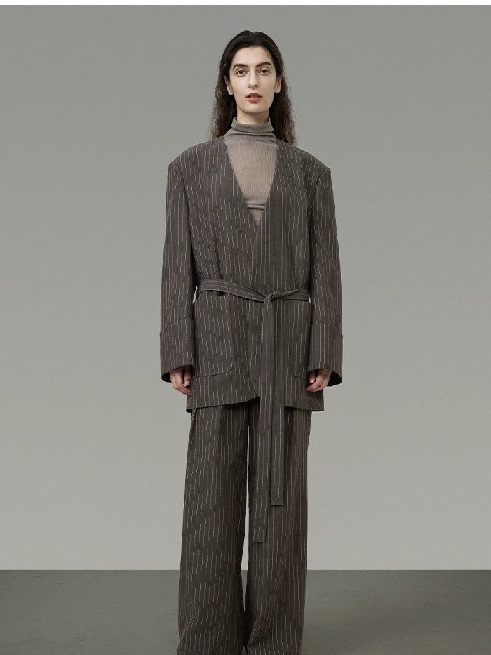 UNSPOKEN Minimalist Two Piece Brown Tailored V Neck Long Sleeve Women Polyester Blazer