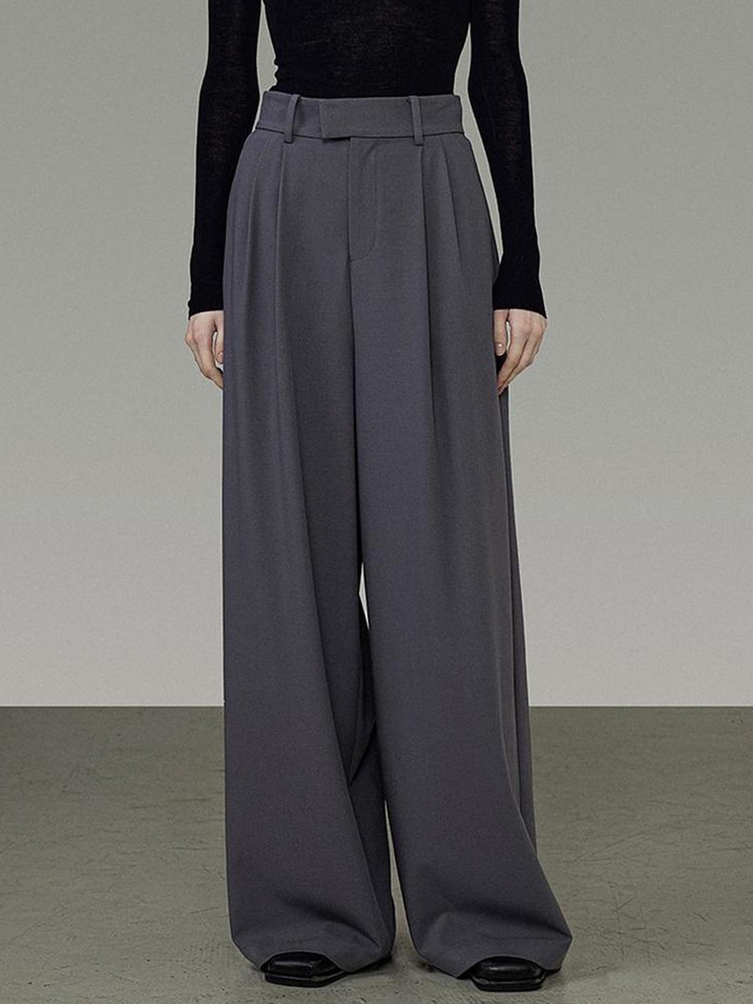 UNSPOKEN Minimalist Wide Leg Natural Waist Office Smoky Blue Polyester Blend Pants