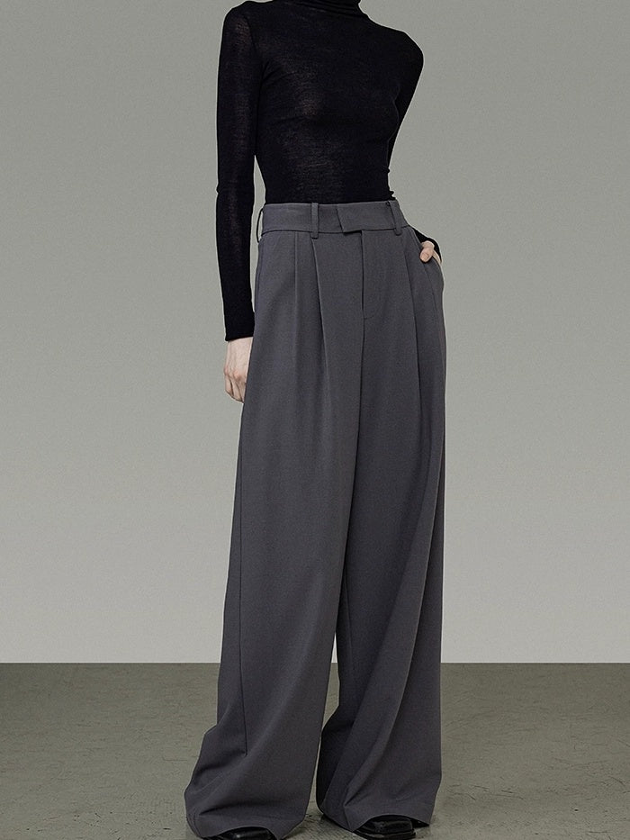 UNSPOKEN Minimalist Wide Leg Natural Waist Office Smoky Blue Polyester Blend Pants