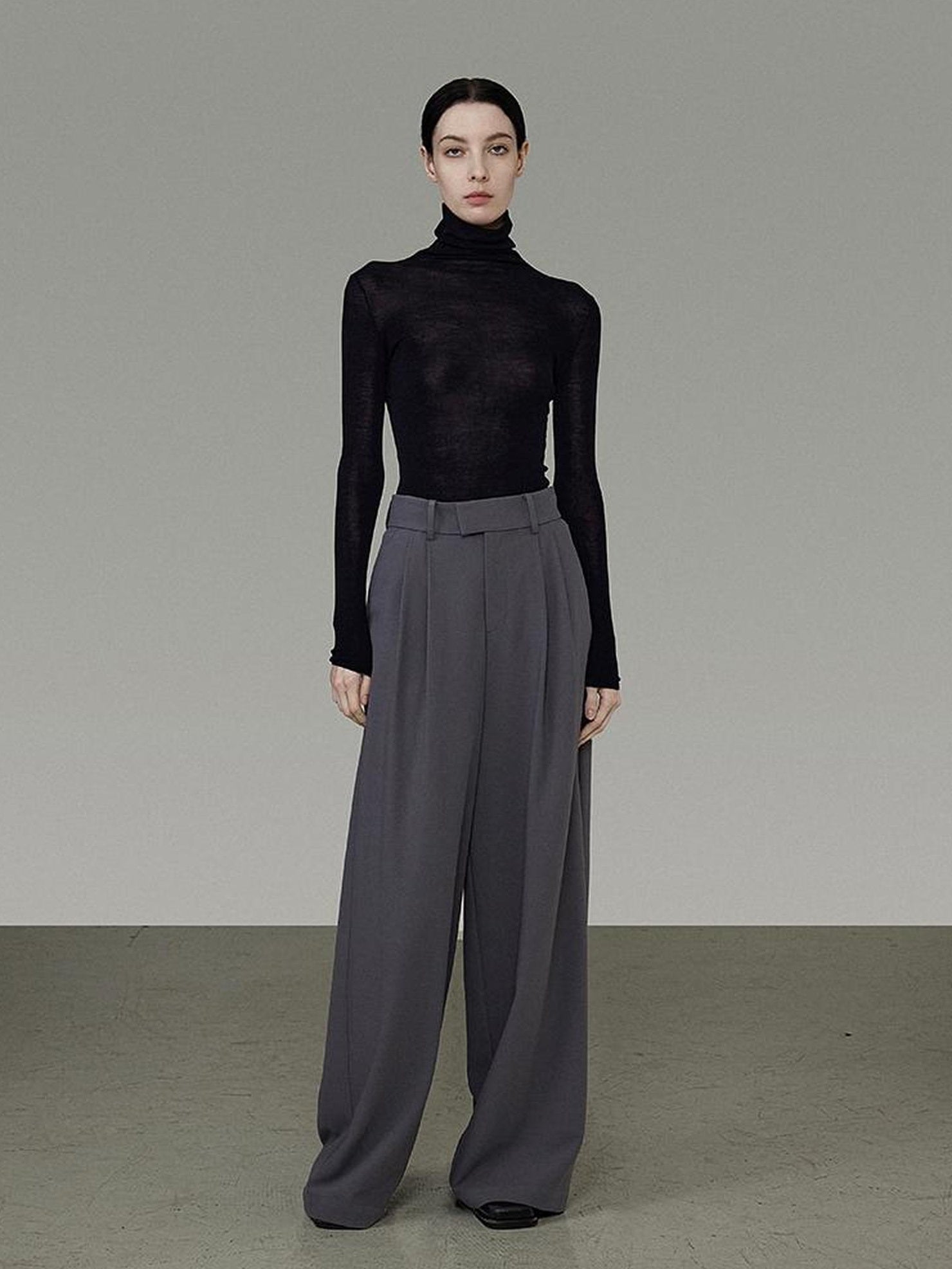 UNSPOKEN Minimalist Wide Leg Natural Waist Office Smoky Blue Polyester Blend Pants