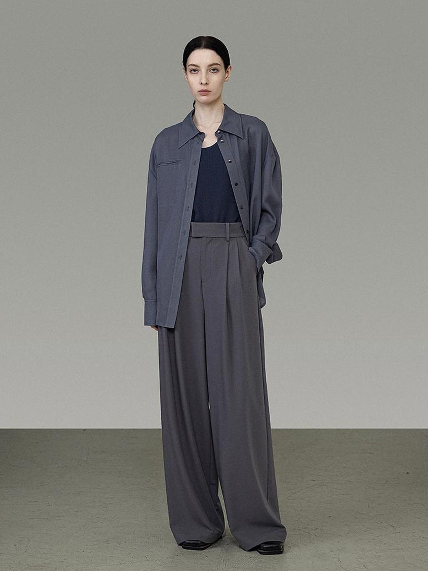 UNSPOKEN Minimalist Wide Leg Natural Waist Office Smoky Blue Polyester Blend Pants