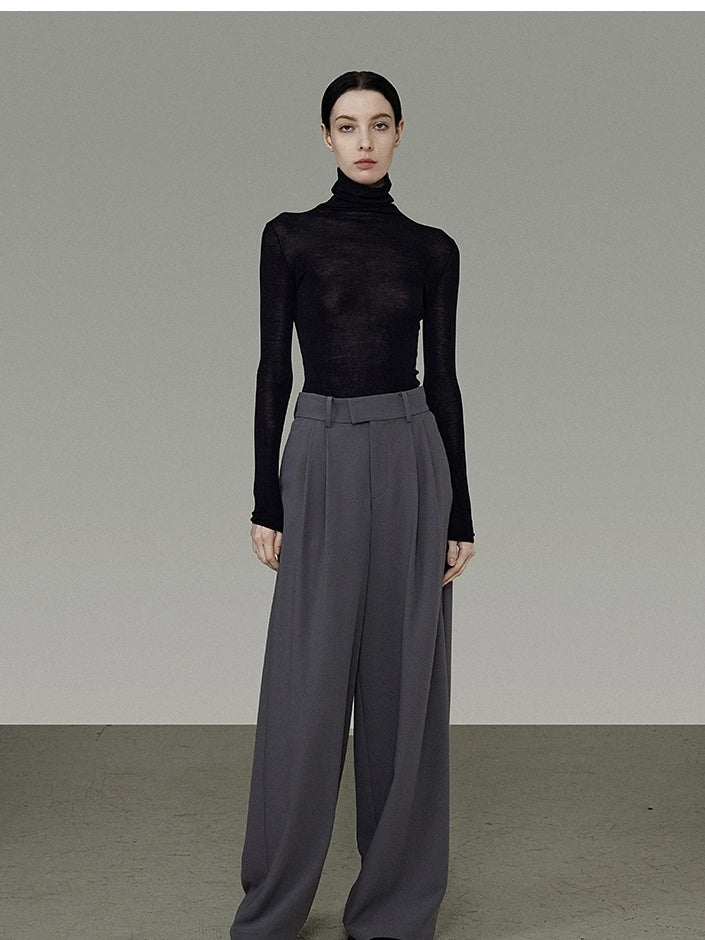 UNSPOKEN Minimalist Wide Leg Natural Waist Office Smoky Blue Polyester Blend Pants