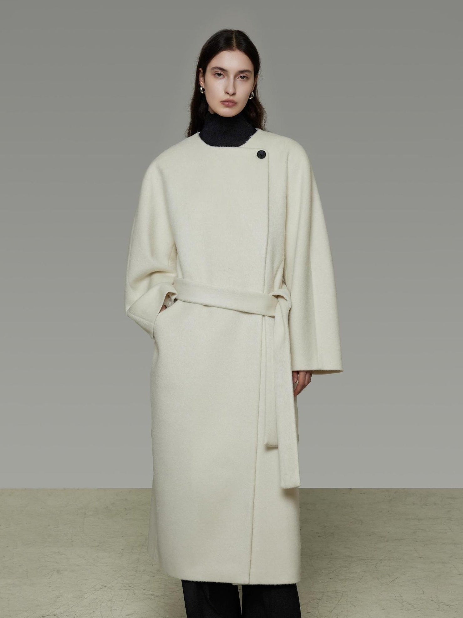 UNSPOKEN Minimalist Wool Blend Belted Longline Loose Fit Single Button Womens White Coat