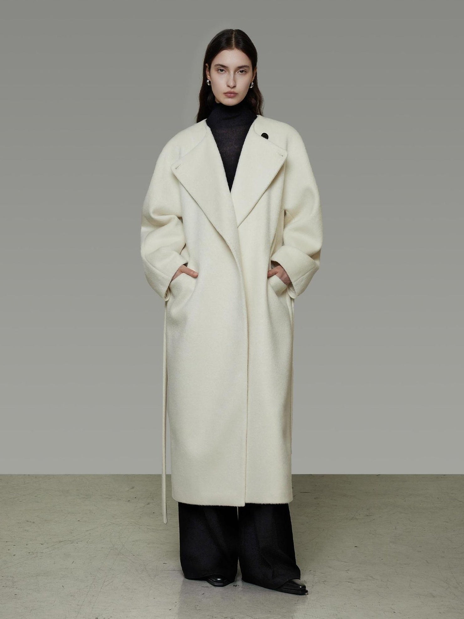 UNSPOKEN Minimalist Wool Blend Belted Longline Loose Fit Single Button Womens White Coat