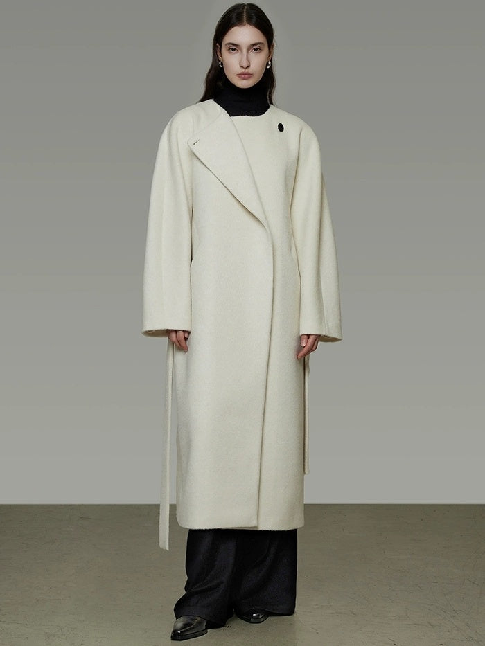 UNSPOKEN Minimalist Wool Blend Belted Longline Loose Fit Single Button Womens White Coat