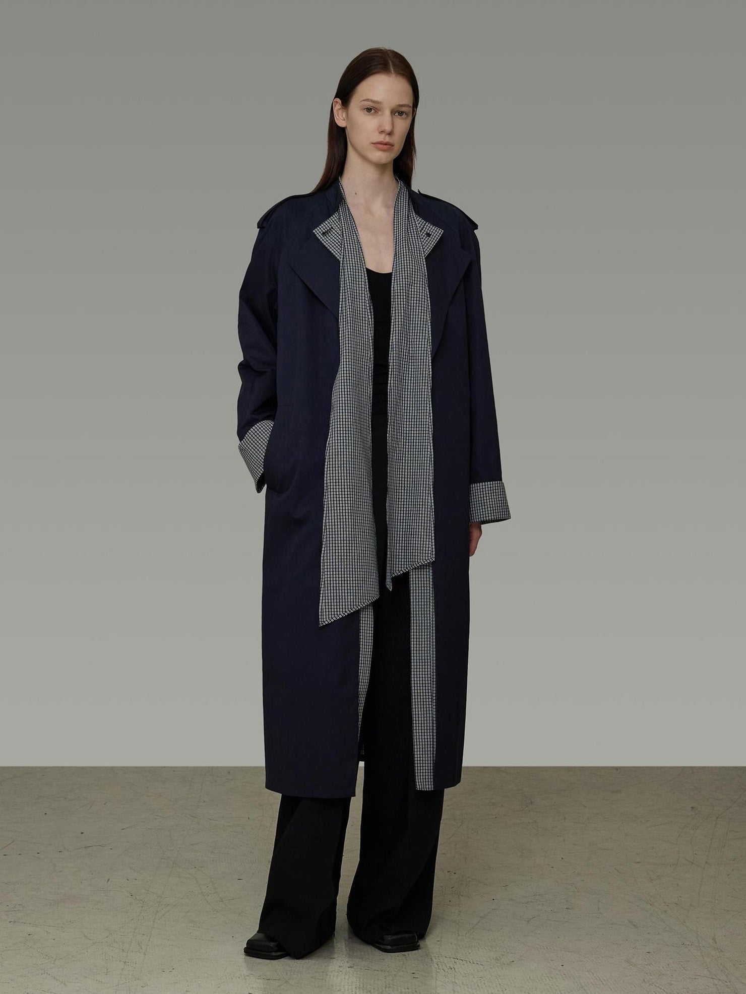 UNSPOKEN Plaid Navy Commuter Mid Length Single Breasted Loose Fit Trench Coat