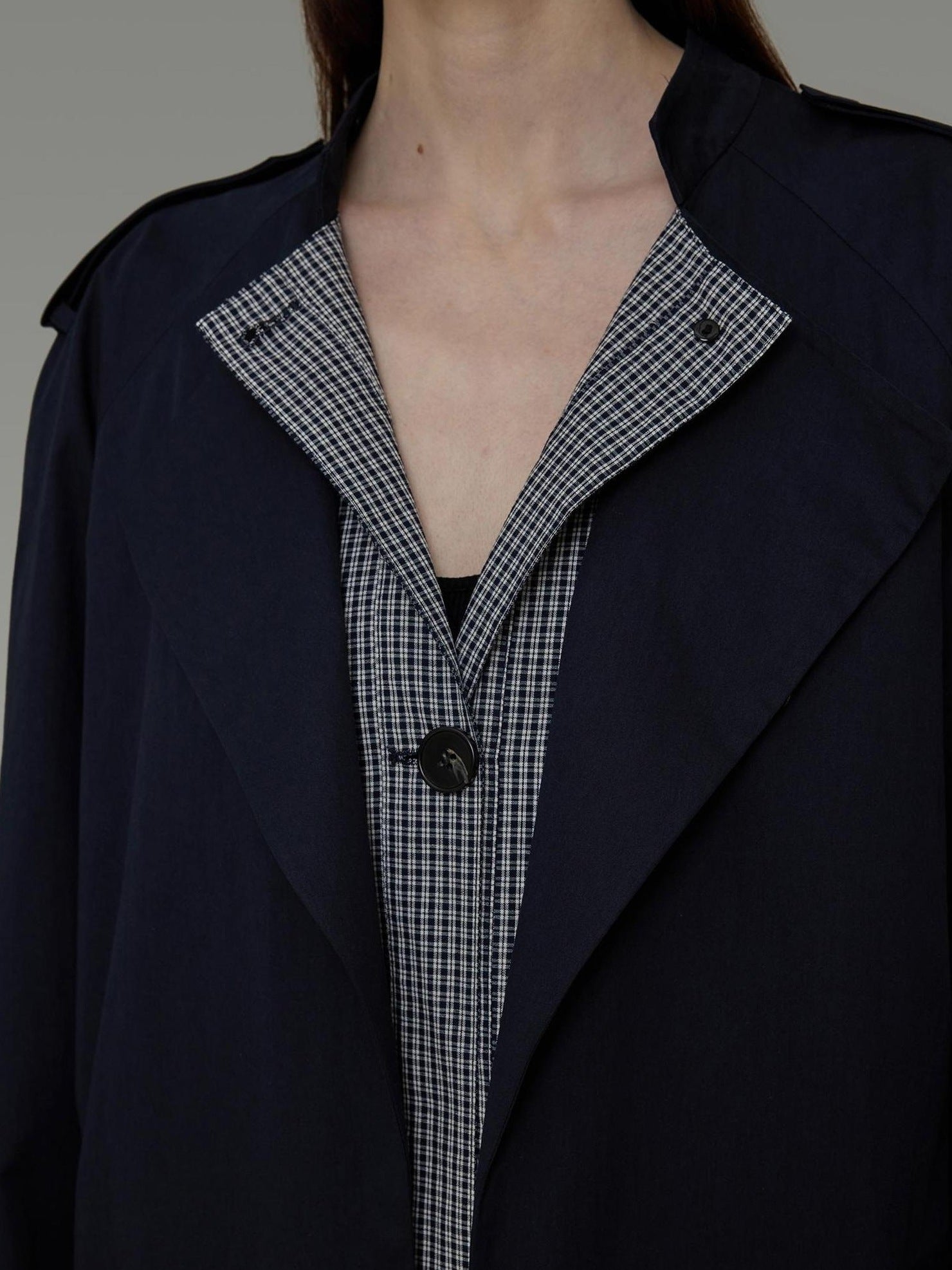UNSPOKEN Plaid Navy Commuter Mid Length Single Breasted Loose Fit Trench Coat