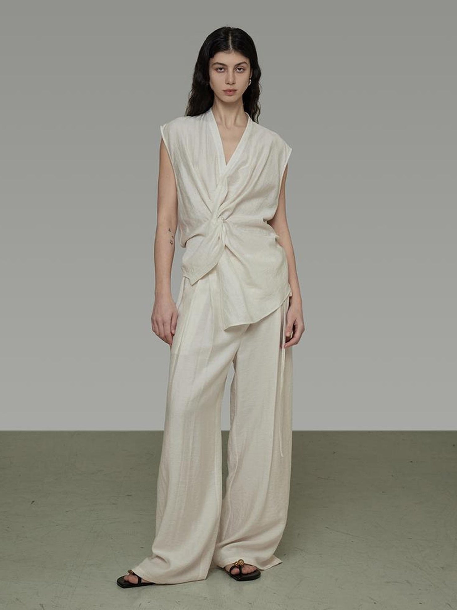 UNSPOKEN Pleated High Waist Wide Leg Drawstring Office Women Minimalist Workwear Pants