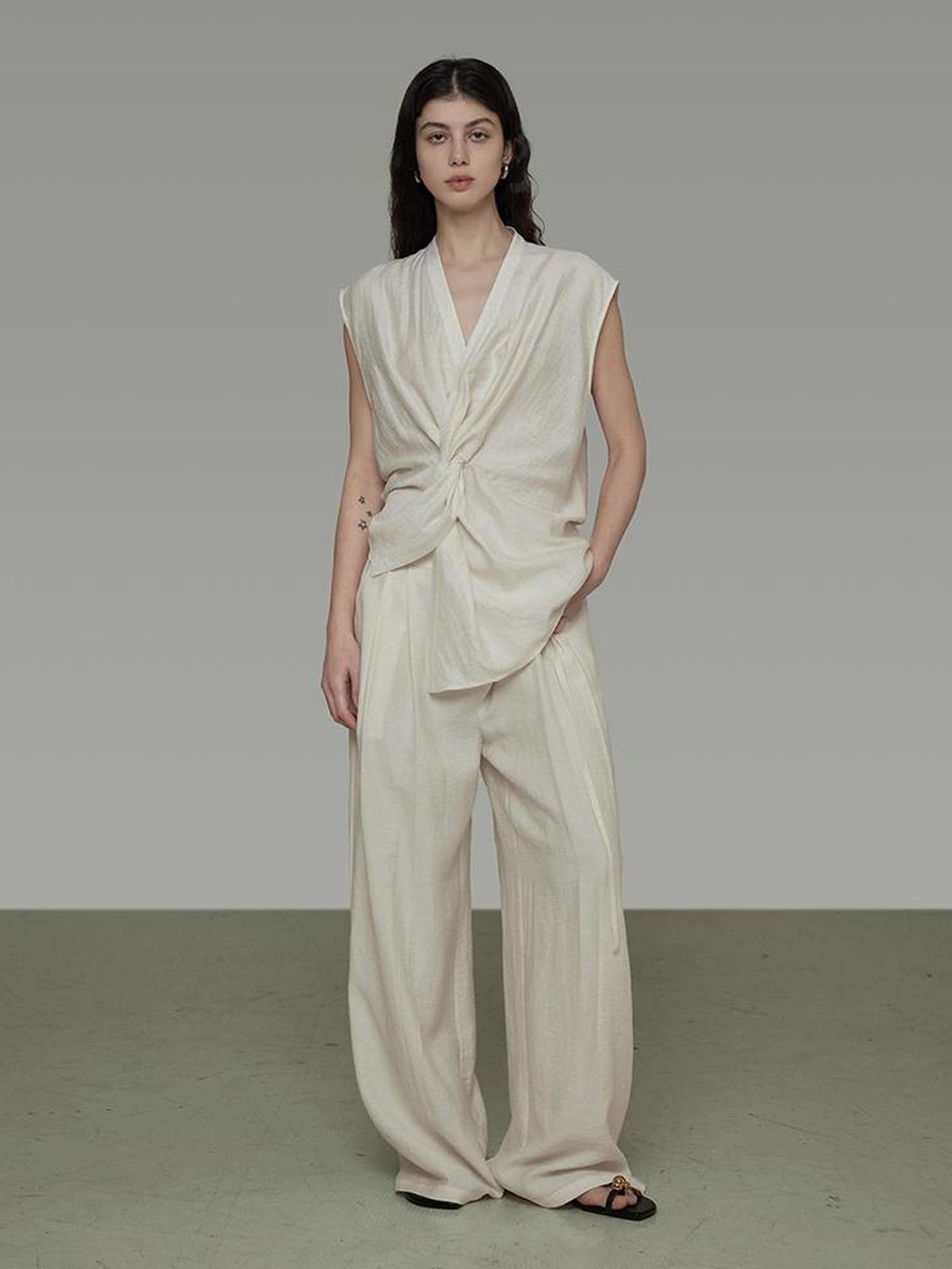 UNSPOKEN Pleated High Waist Wide Leg Drawstring Office Women Minimalist Workwear Pants