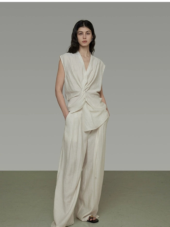 UNSPOKEN Pleated High Waist Wide Leg Drawstring Office Women Minimalist Workwear Pants