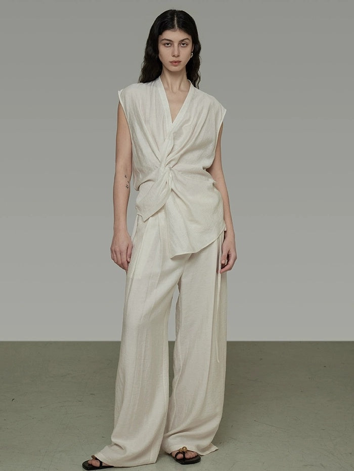 UNSPOKEN Pleated High Waist Wide Leg Drawstring Office Women Minimalist Workwear Pants