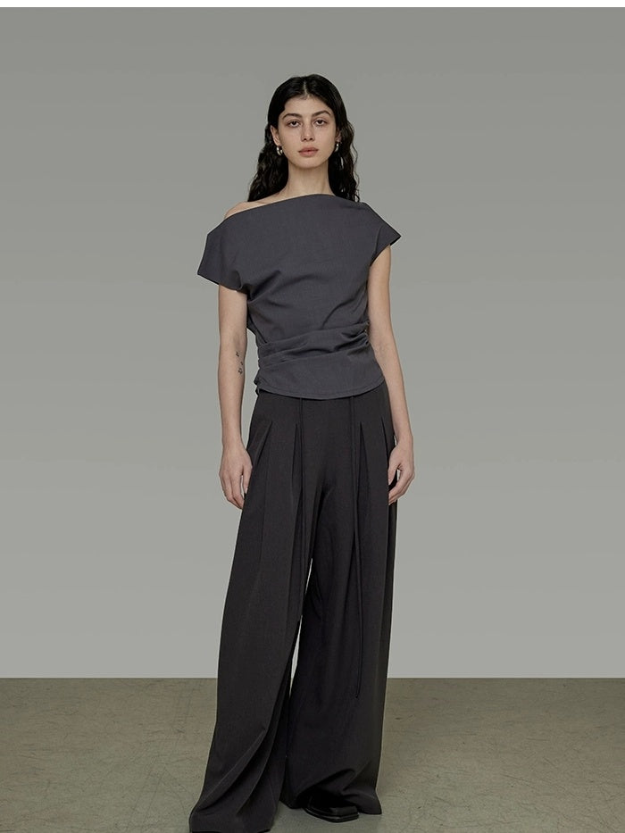 UNSPOKEN Pleated Minimal Wide Leg Relaxed Natural Waist Women Office Grey Zipper Pants