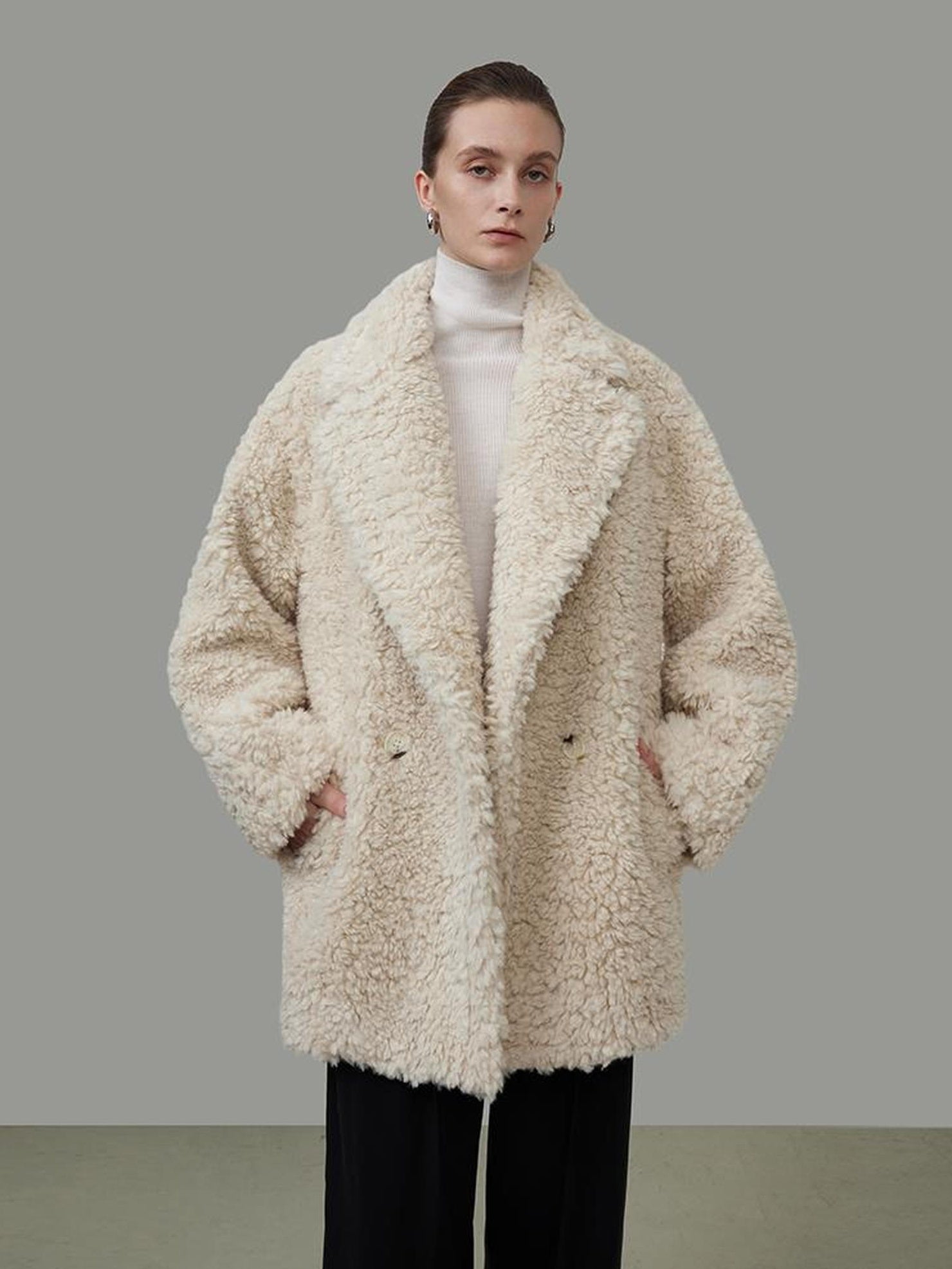 UNSPOKEN Premium Minimal Office Oversized Beige Fur Trim Pocket Women Coat