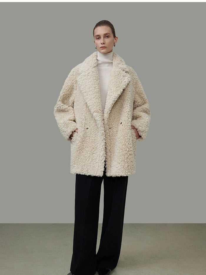 UNSPOKEN Premium Minimal Office Oversized Beige Fur Trim Pocket Women Coat