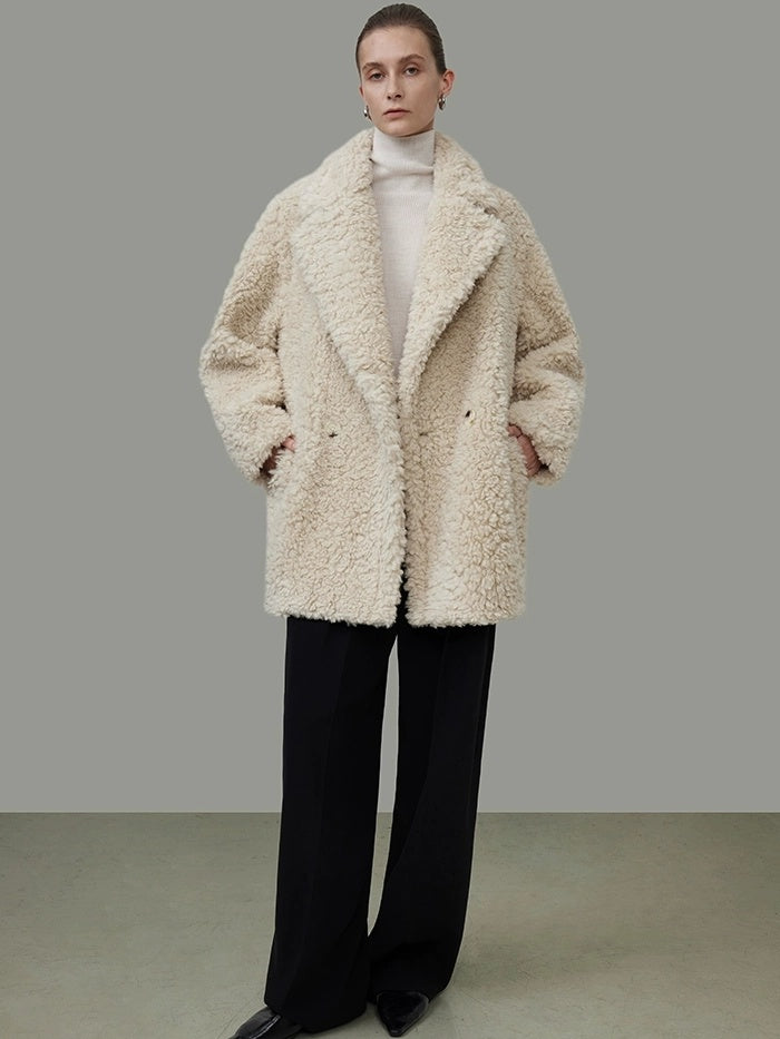 UNSPOKEN Premium Minimal Office Oversized Beige Fur Trim Pocket Women Coat