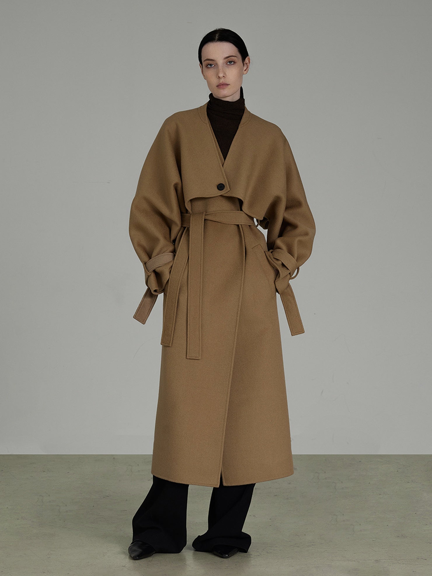 UNSPOKEN Pure Lambswool Minimal Long Straight Silhouette V Neck Office Workwear Coat