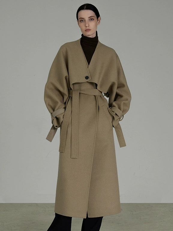 UNSPOKEN Pure Lambswool Minimal Long Straight Silhouette V Neck Office Workwear Coat