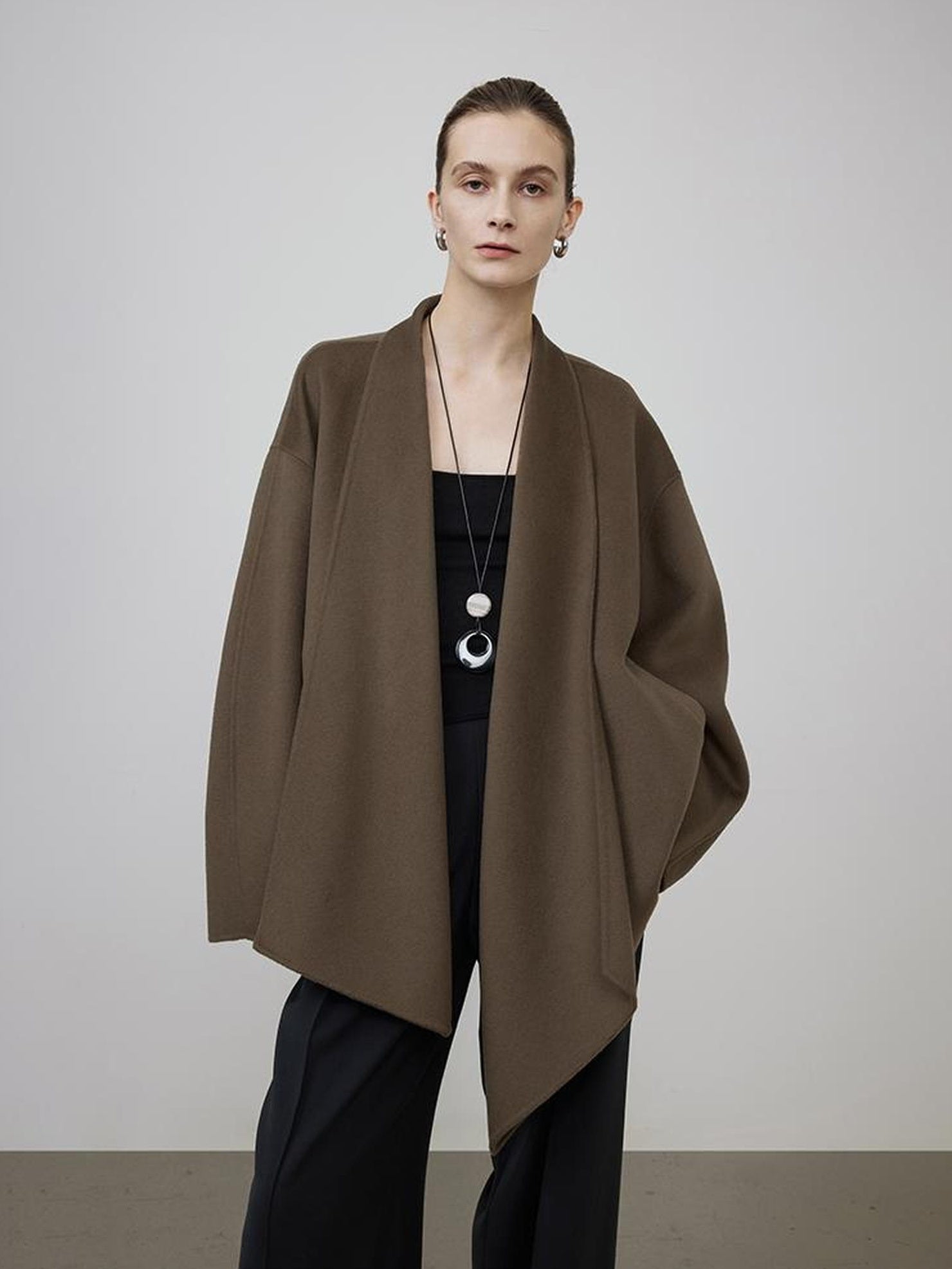 UNSPOKEN Pure Wool Minimalist Cape Style Office Brown Longsleeve Regular Fit Coat