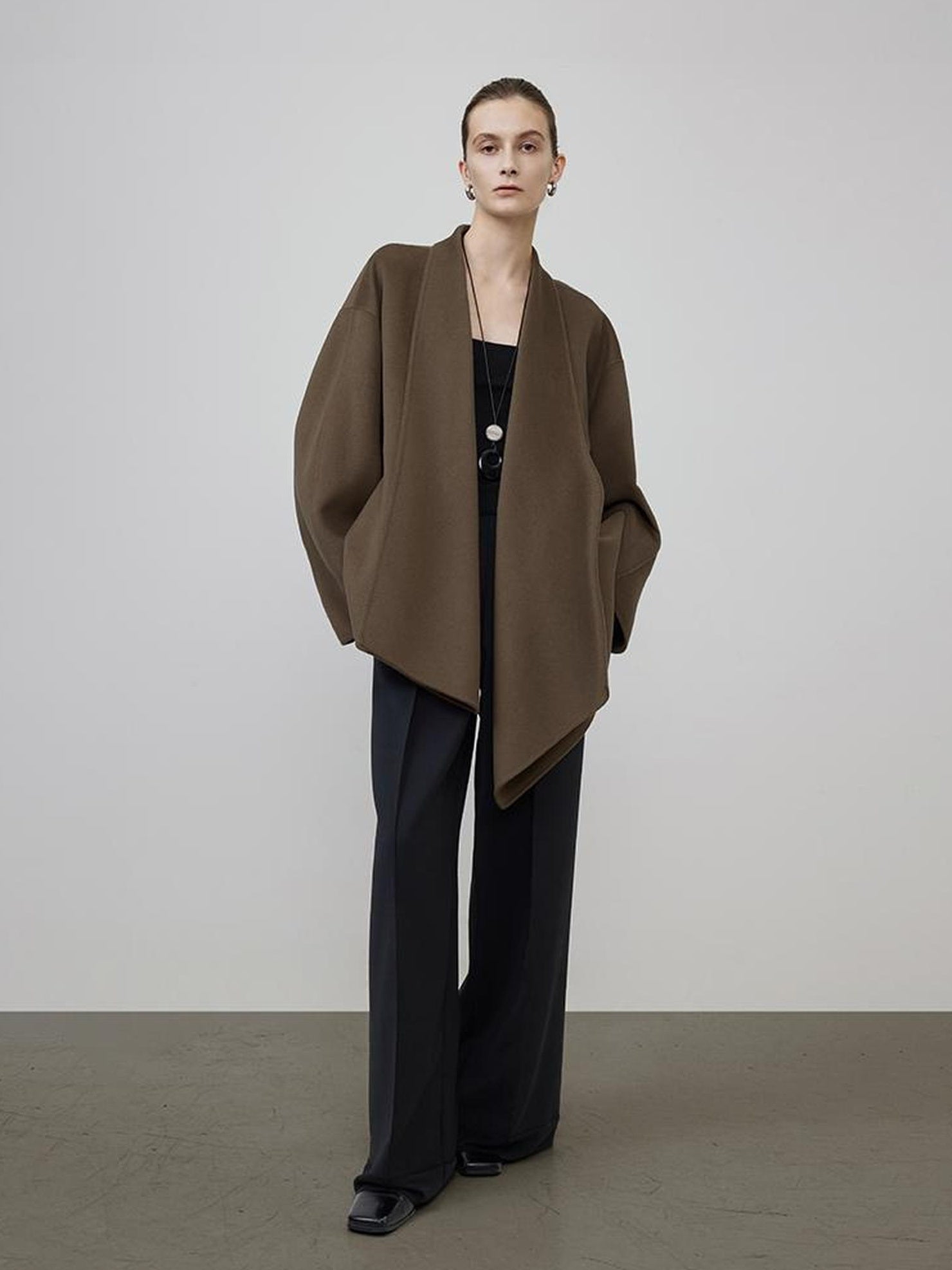 UNSPOKEN Pure Wool Minimalist Cape Style Office Brown Longsleeve Regular Fit Coat