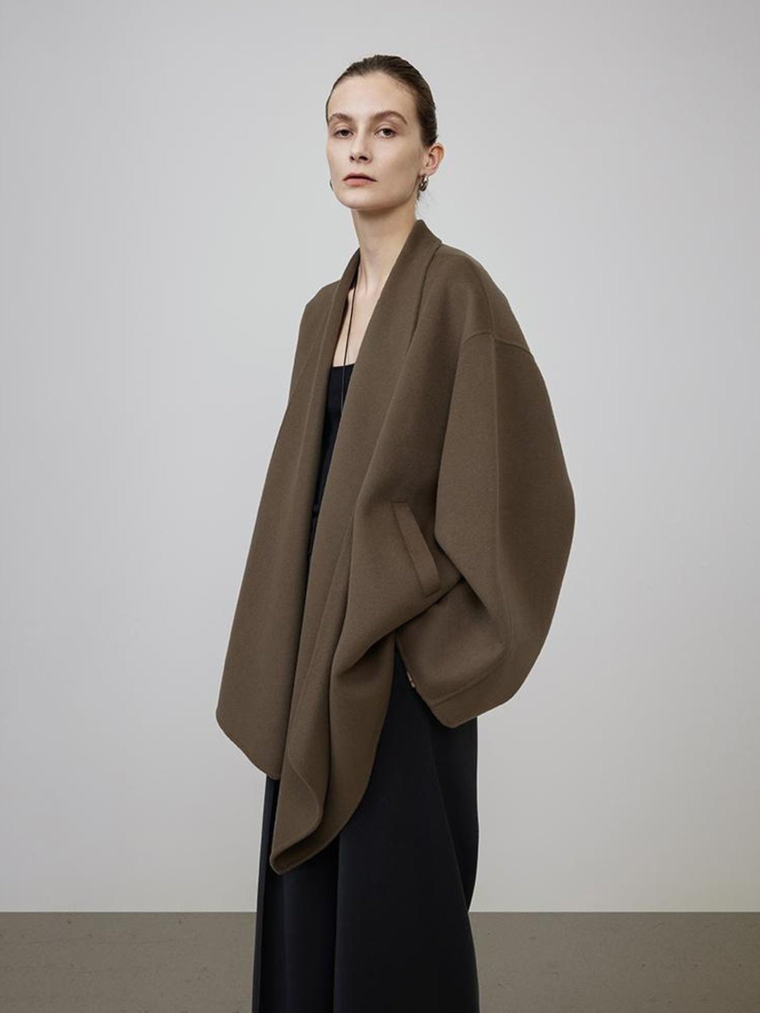 UNSPOKEN Pure Wool Minimalist Cape Style Office Brown Longsleeve Regular Fit Coat