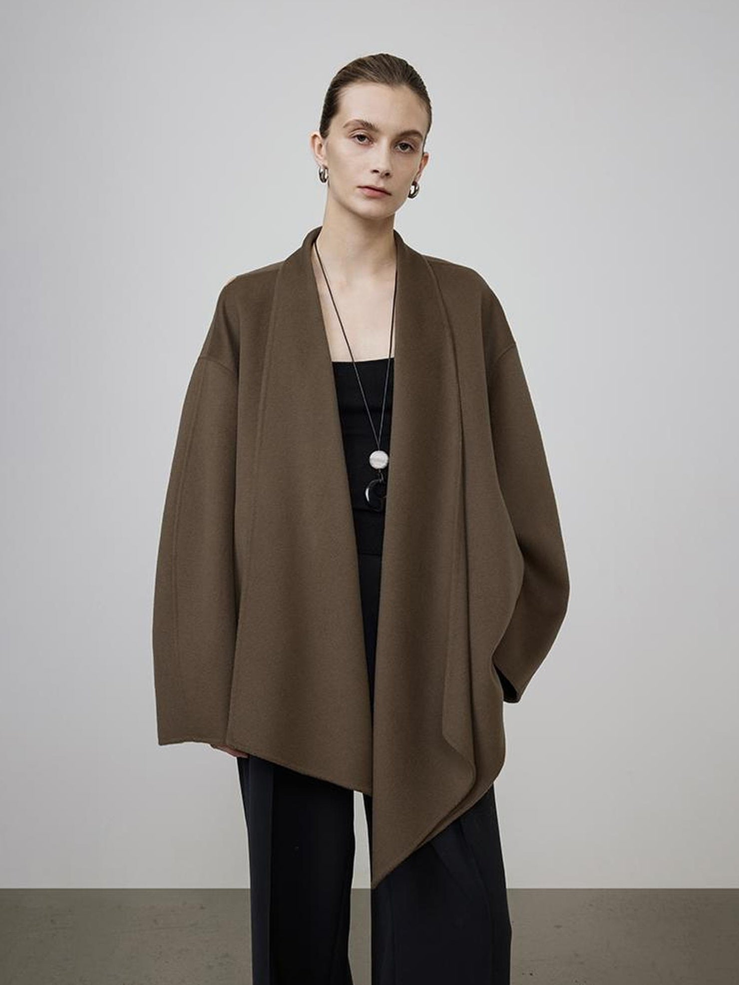 UNSPOKEN Pure Wool Minimalist Cape Style Office Brown Longsleeve Regular Fit Coat