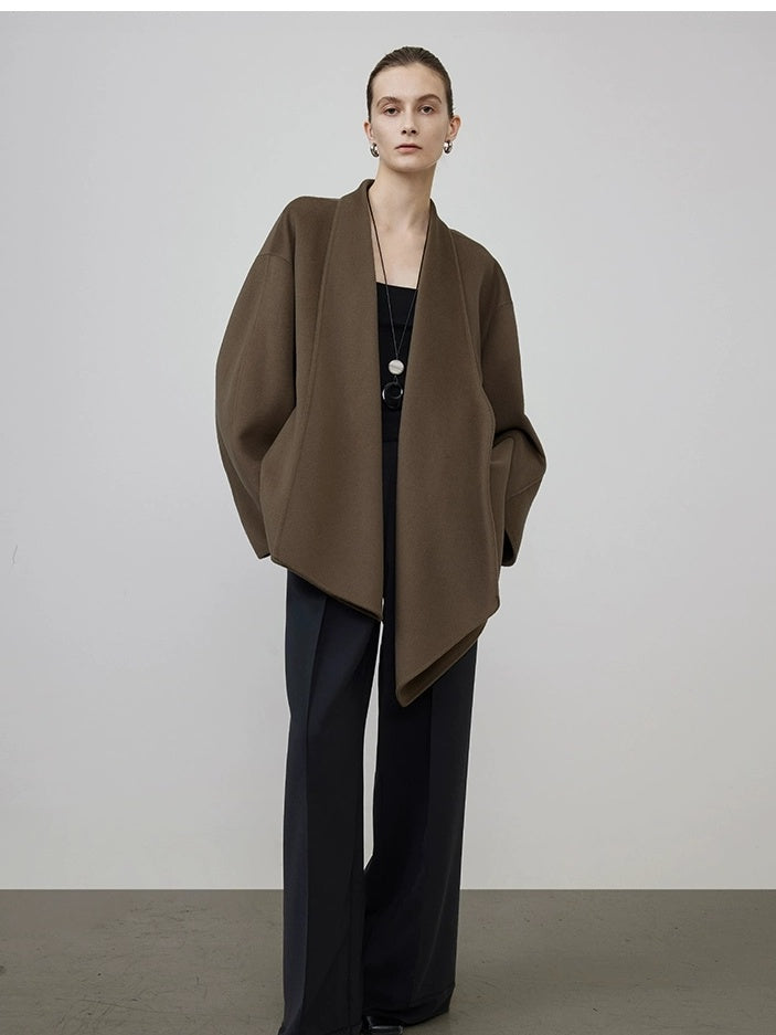 UNSPOKEN Pure Wool Minimalist Cape Style Office Brown Longsleeve Regular Fit Coat