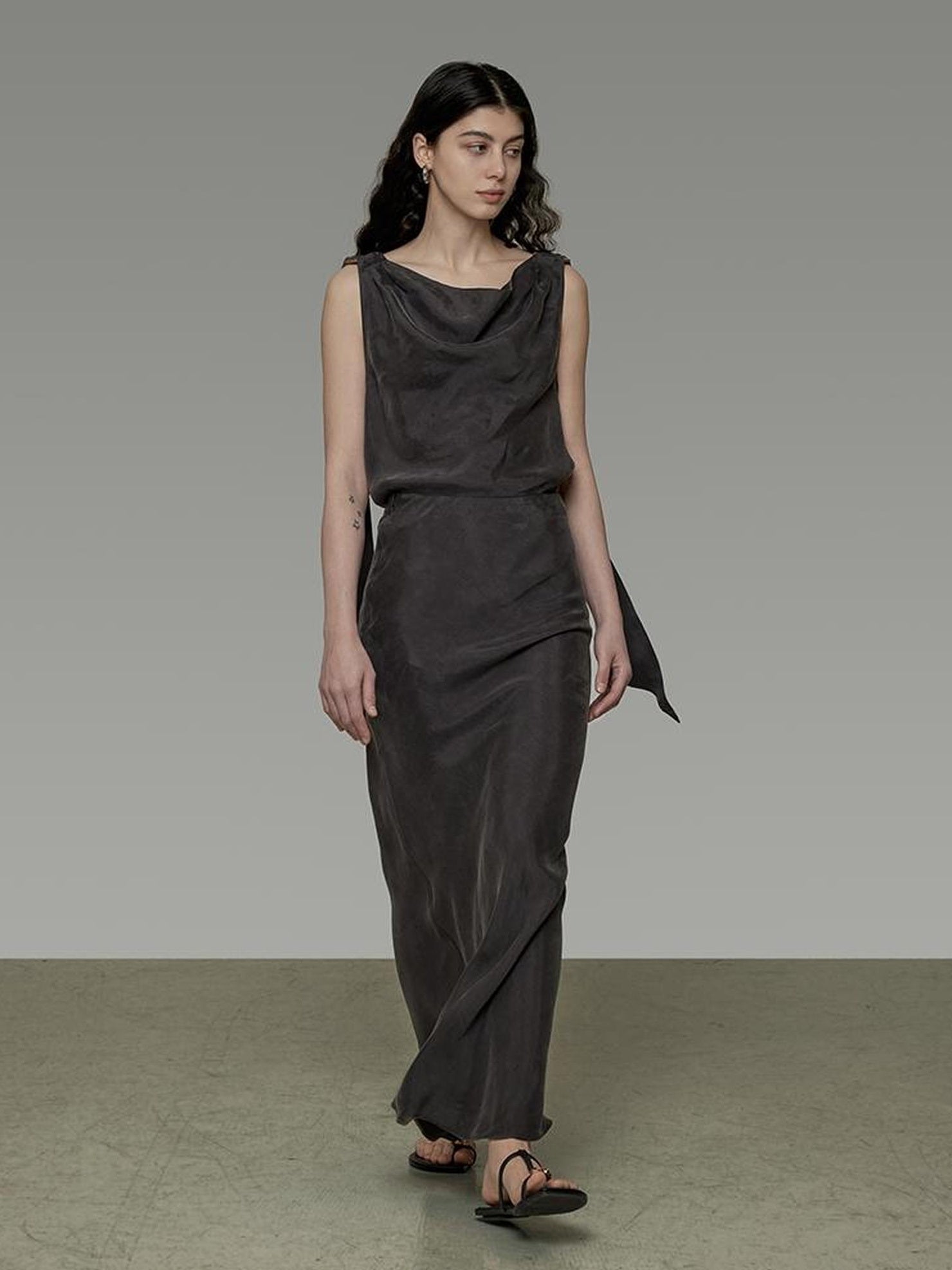 UNSPOKEN Recycled Viscose Slim Fit Button Office Women Dark Gray Solid Maxi Skirt