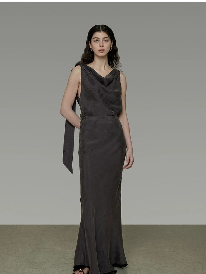 UNSPOKEN Recycled Viscose Slim Fit Button Office Women Dark Gray Solid Maxi Skirt