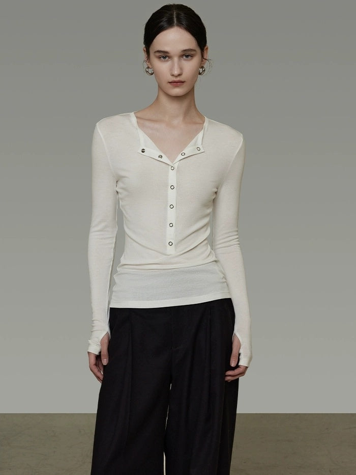 UNSPOKEN Skin Friendly Breathable Long Sleeve Slim Fit Half Placket Women Solid Knit Top