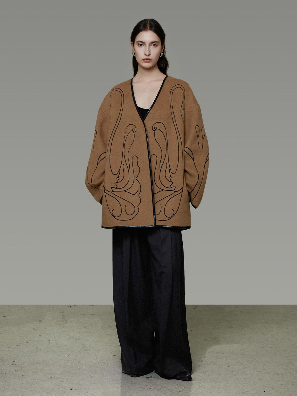 UNSPOKEN Soft 100 Percent Wool Minimalist Loose Fit Women Camel Long Sleeve Jacket