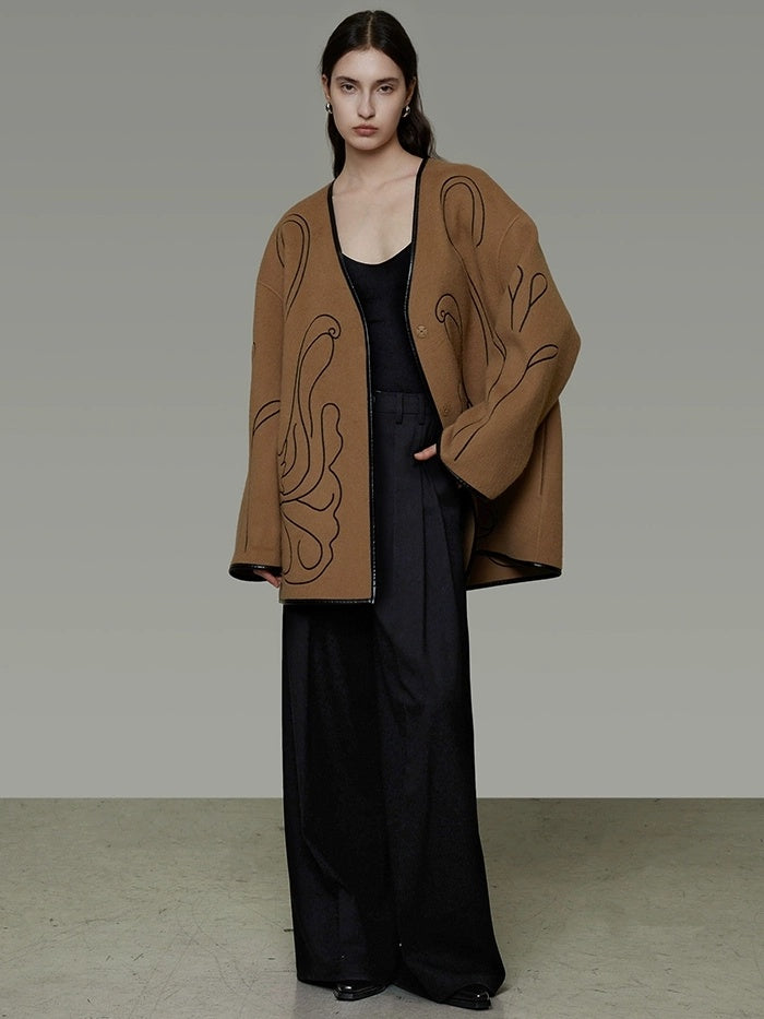 UNSPOKEN Soft 100 Percent Wool Minimalist Loose Fit Women Camel Long Sleeve Jacket