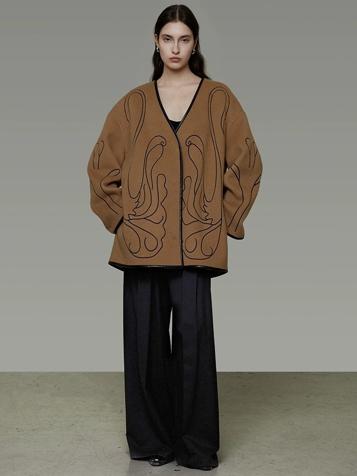 UNSPOKEN Soft 100 Percent Wool Minimalist Loose Fit Women Camel Long Sleeve Jacket