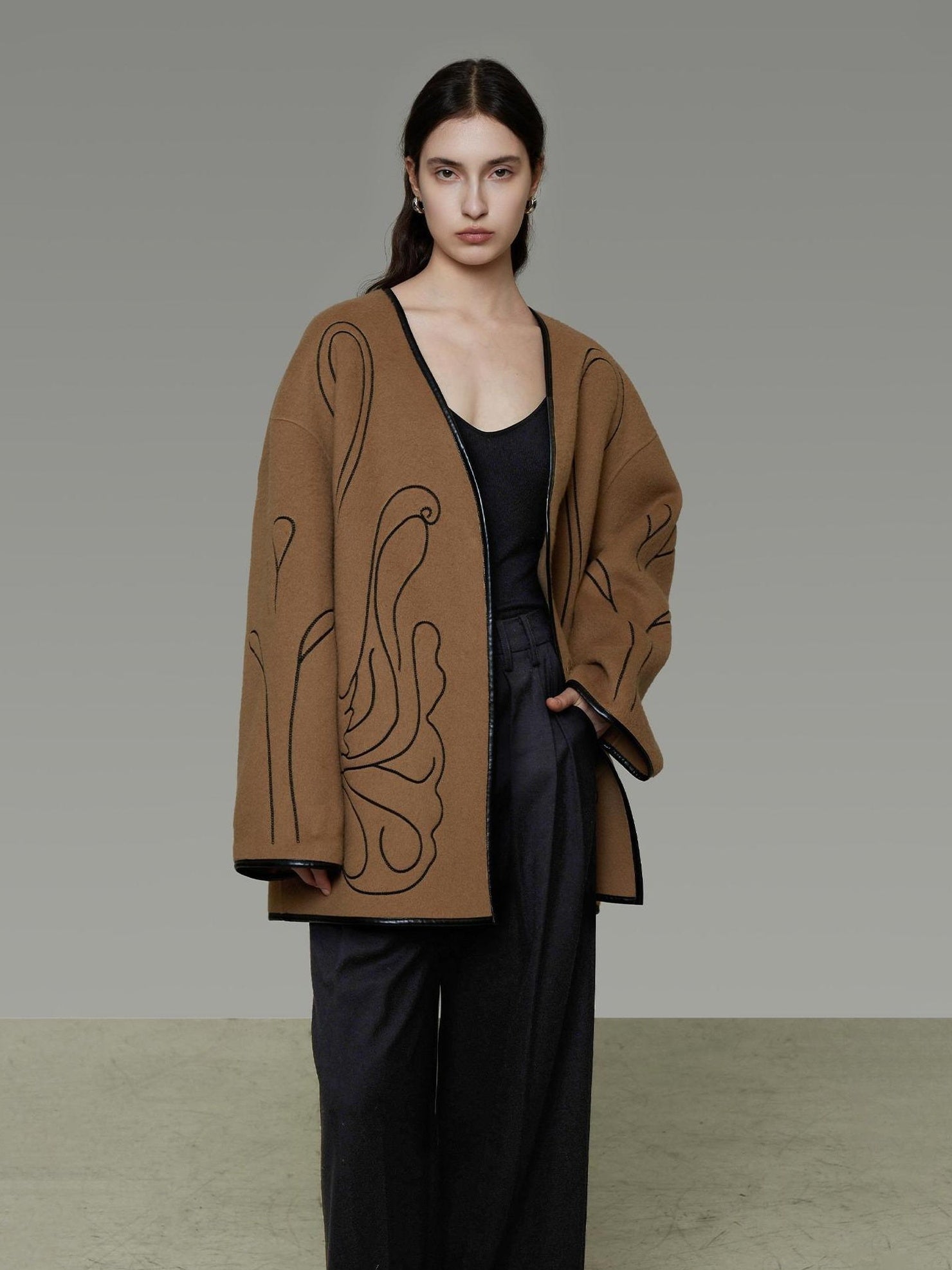 UNSPOKEN Soft 100 Percent Wool Minimalist Loose Fit Women Camel Long Sleeve Jacket