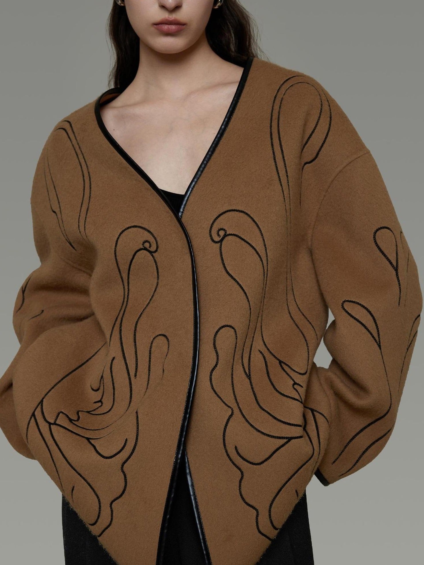 UNSPOKEN Soft 100 Percent Wool Minimalist Loose Fit Women Camel Long Sleeve Jacket