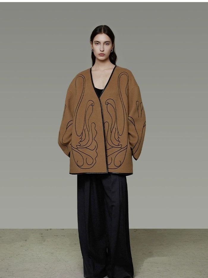 UNSPOKEN Soft 100 Percent Wool Minimalist Loose Fit Women Camel Long Sleeve Jacket