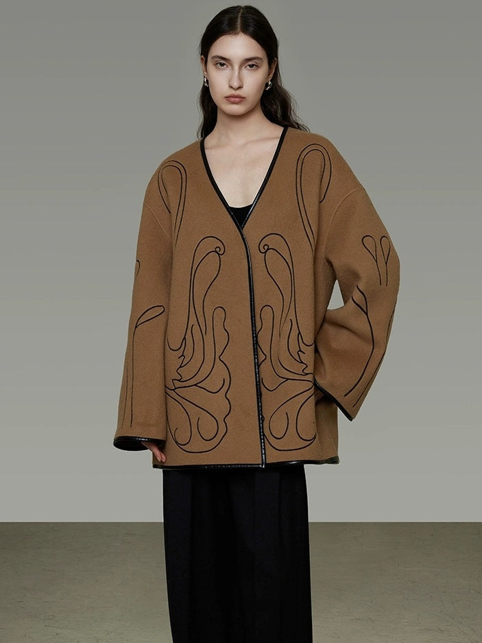 UNSPOKEN Soft 100 Percent Wool Minimalist Loose Fit Women Camel Long Sleeve Jacket