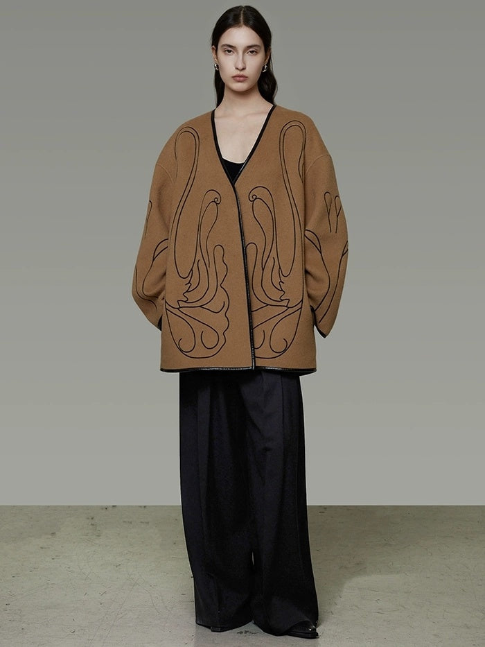 UNSPOKEN Soft 100 Percent Wool Minimalist Loose Fit Women Camel Long Sleeve Jacket