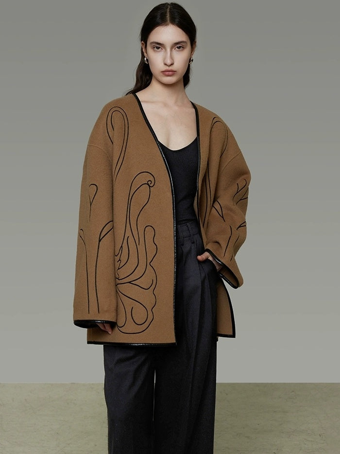 UNSPOKEN Soft 100 Percent Wool Minimalist Loose Fit Women Camel Long Sleeve Jacket