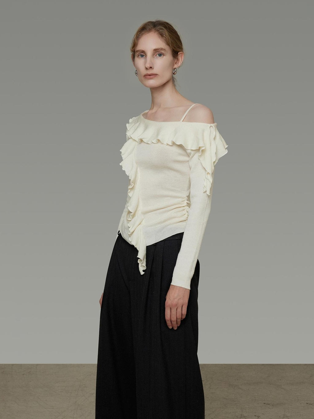 UNSPOKEN Soft Polyester Blend Asymmetrical Neck Ruffle Slim Fit Workwear Women Knit Top