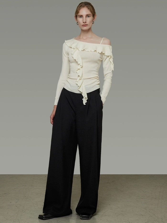 UNSPOKEN Soft Polyester Blend Asymmetrical Neck Ruffle Slim Fit Workwear Women Knit Top