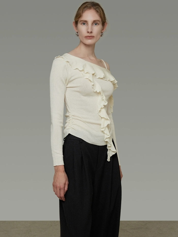 UNSPOKEN Soft Polyester Blend Asymmetrical Neck Ruffle Slim Fit Workwear Women Knit Top