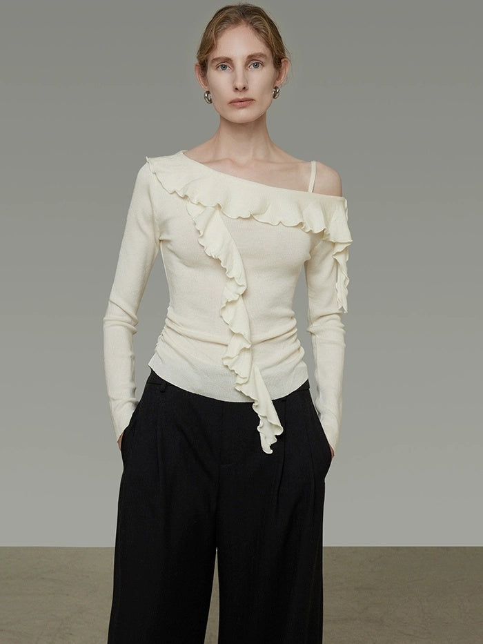 UNSPOKEN Soft Polyester Blend Asymmetrical Neck Ruffle Slim Fit Workwear Women Knit Top