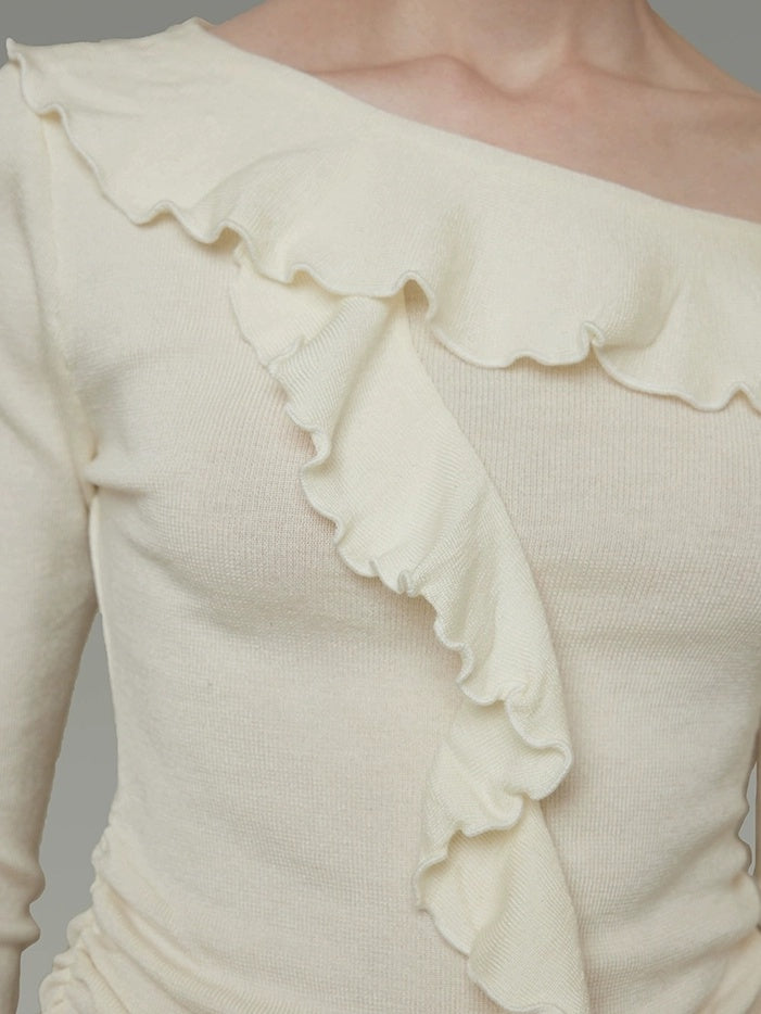 UNSPOKEN Soft Polyester Blend Asymmetrical Neck Ruffle Slim Fit Workwear Women Knit Top