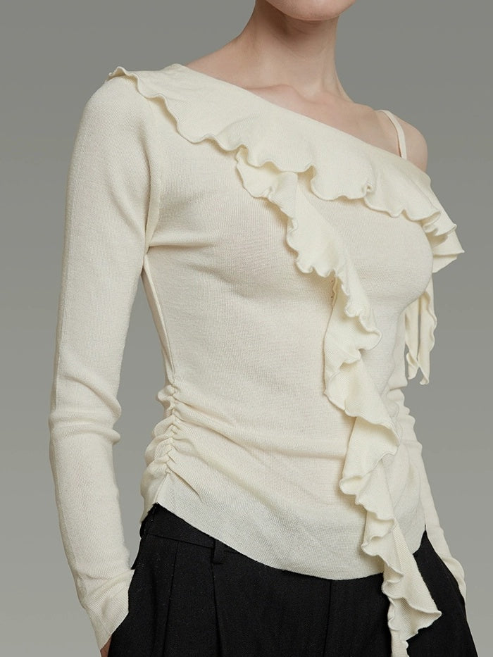 UNSPOKEN Soft Polyester Blend Asymmetrical Neck Ruffle Slim Fit Workwear Women Knit Top