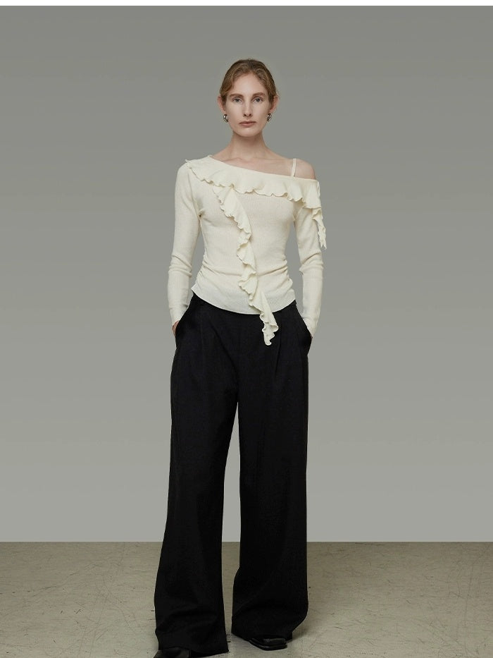 UNSPOKEN Soft Polyester Blend Asymmetrical Neck Ruffle Slim Fit Workwear Women Knit Top