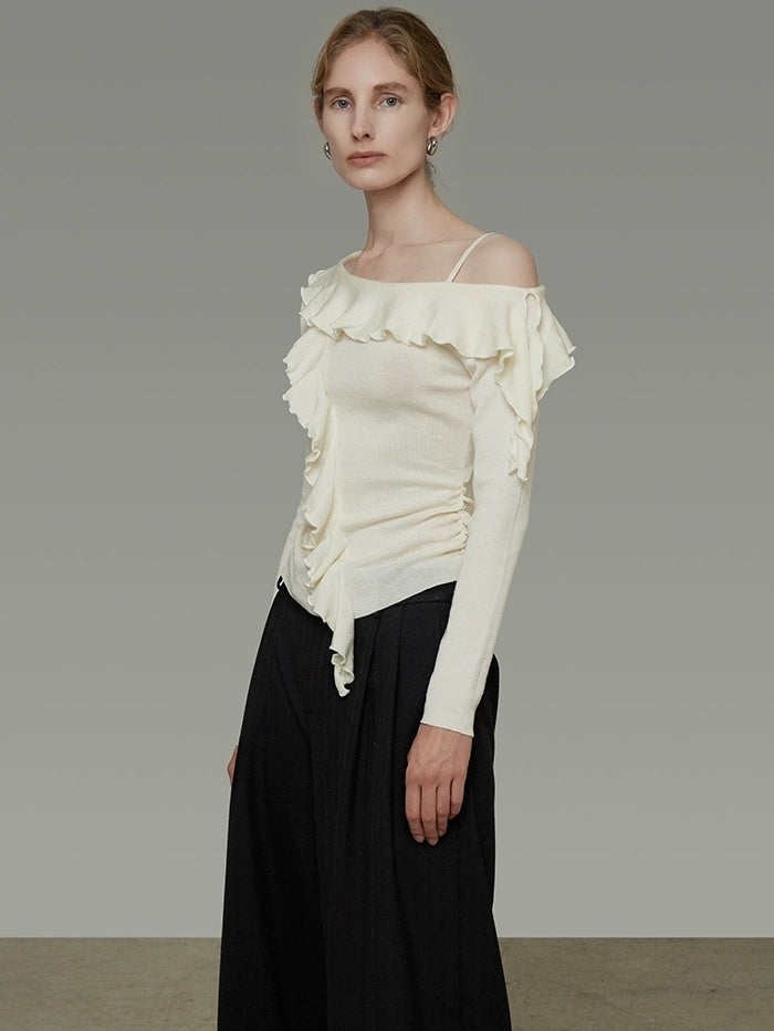 UNSPOKEN Soft Polyester Blend Asymmetrical Neck Ruffle Slim Fit Workwear Women Knit Top