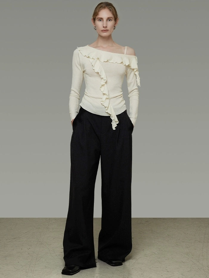 UNSPOKEN Soft Polyester Blend Asymmetrical Neck Ruffle Slim Fit Workwear Women Knit Top